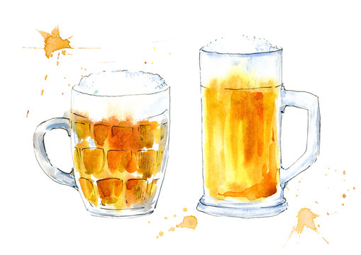Glass of a beer. Picture of a alcoholic drink. Watercolor hand drawn illustration.White background.