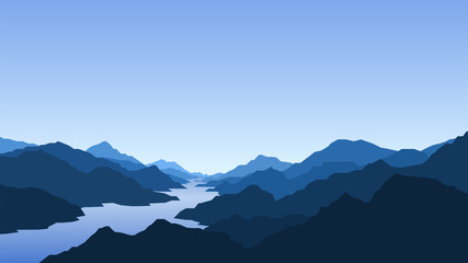 Landscape with mountains and river, view, nature, mountain range, clear sky © lidiia