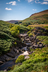 Elan valley reservoirs in a dry and very hot summer time in the welsh countryside