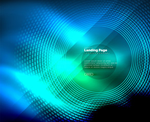 Neon glowing techno lines, hi-tech futuristic abstract background template with circles, landing page template