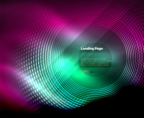 Neon glowing techno lines, hi-tech futuristic abstract background template with circles, landing page template