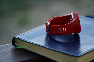 Red sport watch on Notebook lies on wooden handrail in park, business concept - 216869920