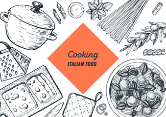Italian pasta top view illustration. Italian food cooking frame. Sketch vector illustration. Cooking pasta.