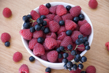 raspberry and aronia in bowl on the table