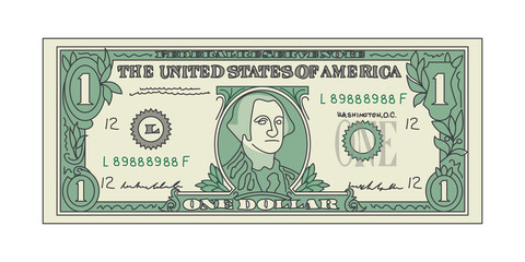 Bill One Dollar Banknot American Paper Money. Vector