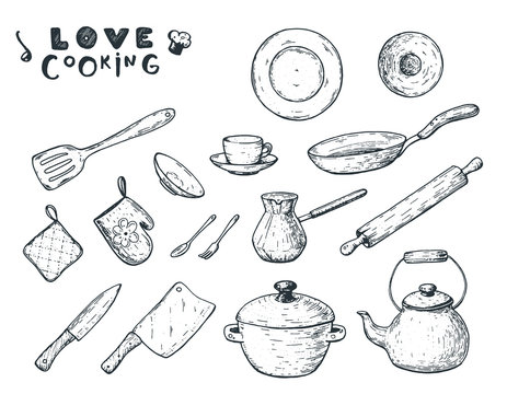 Kitchen utensils hand drawn vector illustration. Different kitchen utensils set. Engraved illustration.