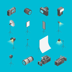 Photo Studio Equipment Signs 3d Icons Set Isometric View. Vector