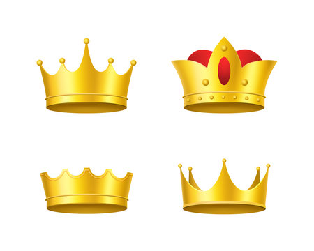 Realistic Detailed 3d Golden Crowns Set. Vector