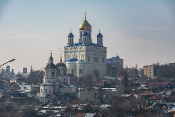 Ascension Cathedral - the main Orthodox church of the city of Yelets, Russian. Golden domes on the background of a beautiful sky