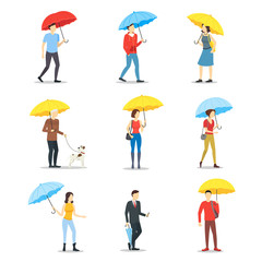 Cartoon Characters People Holding Umbrella Set. Vector