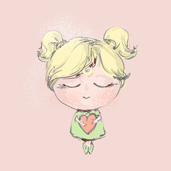 Happy Valentines Day celebration concept with cute blond little girl holding pink heart