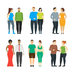 Cartoon Characters People Plus Size Couples Set. Vector