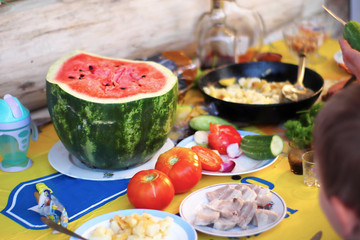 watermelon, tomatoes, cucumbers for dinner
