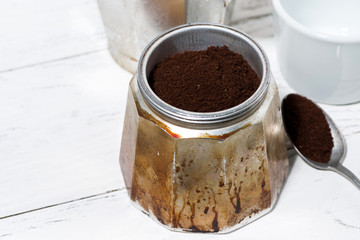 ground coffee in a geyser coffee machine