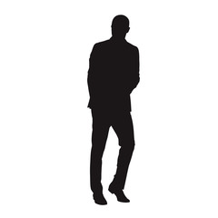Business man in suit walking or leaning. Isolated vector silhouette