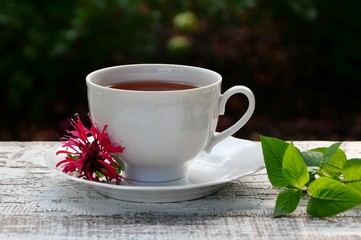 A Cup of wonderful fragrant tea with leaves and flowers of the monarda with the aroma of bergamot on a summer morning in the garden.
