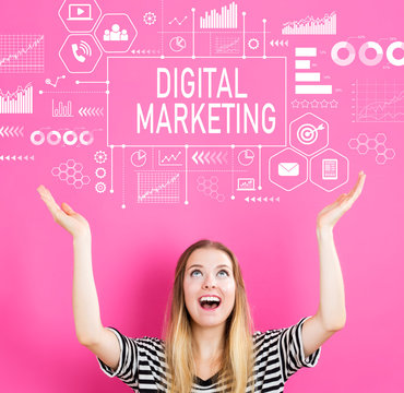 Digital Marketing with young woman reaching and looking upwards