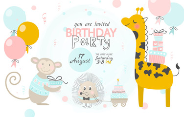 Birthday invitation with cute giraffe, hedgehog and monkey. Vector illustration