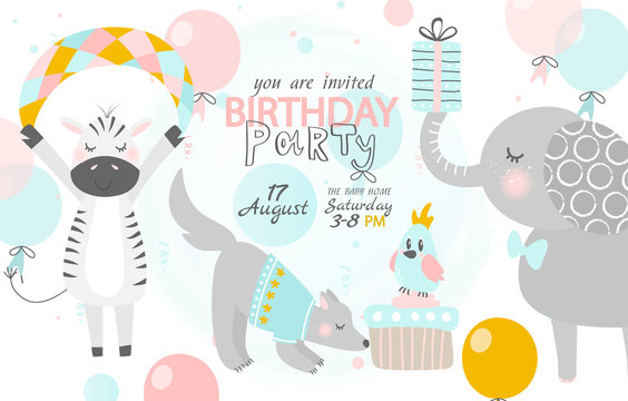 Birthday Invitation With Cute Zebra, Dog And Elephant. Vector Illustration.