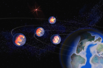 Abstract Image of symbols of world currencies of American dollar, European euro, British pound and Japanese yen in the form of satellites of the planet earth in space, illustration.