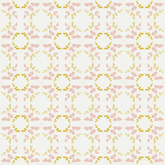 Sweet Sprig, Leaf, and Stem Geometric Seamless Repeat Pattern in Blush and Gold on a Creamy Yellow Background.