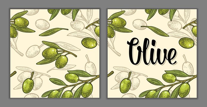 Seamless pattern olives on branch with leaves.