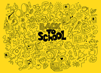 Hand drawn back to school doodles and sketch style lettering on yellow background. Vector illustration. For banners, posters, flyers. A lot of education icons, study symbols