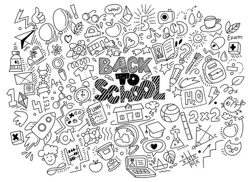 Hand drawn back to school doodles and sketch style lettering on background. Vector black and white linear illustration. For banners, posters, flyers. A lot of education icons, study symbols