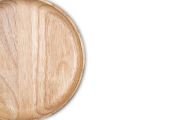 Top view of empty wooden plate isolated on white background.