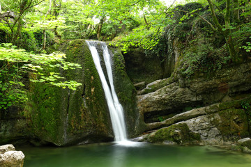 Janet&rsquo;s Foss, a small waterfall near Malham North Yorkshire, Yorkshire Dales National Park. It carries Gordale Beck over a limestone outcrop topped by tufa into a deep pool below