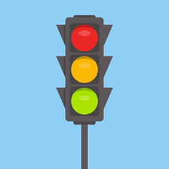 Traffic light isolated icon. Green, yellow, red lights vector illustration on blue sky background. Road Intersection, regulation sign, traffic rules design element.