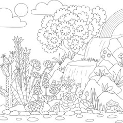 Line art of Waterfall with beautiful flowers for coloring book page. Vector illustration