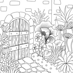 Simple line art of beautiful garden for coloring book page. Vector illustration
