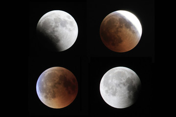 Obraz premium Blood Moon 2018: Longest Total Lunar Eclipse of Century in july, Moon and Mars planet opposition. Night photography. Telescopic view of dark skies and bright satellite full Moon, spectacular view