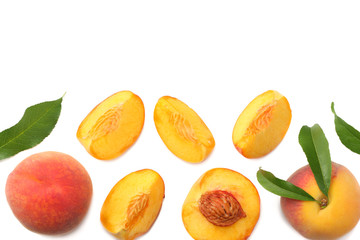 peach fruit with green leaf and slices isolated on white background. top view