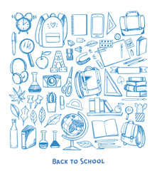Hand drawn vector illustration - Back to school. Sketch design elements. Education, study, teacher, school supplies. Perfect for presentations, web, bunners, advertising