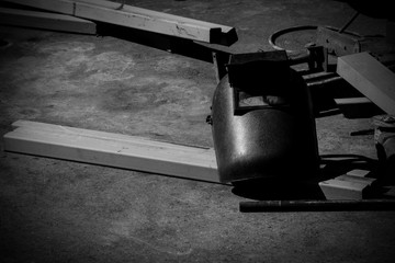 Welded Iron mask at construction areas. - monochrome