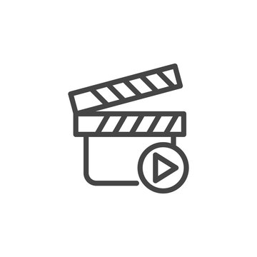 recommend clip art: Movie clapperboard and play button. Video recording icon or video image. Multimedia concept label. Outline web pictograph for online seminar, webinar and other professional events. Vector isolated