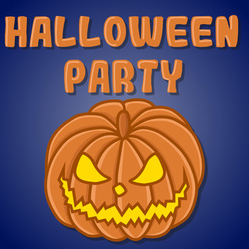 Illustration for greeting and invitation flyers for the Halloween party with the inscription "Halloween party". Vector cartoon image of a scary pumpkin on a blue background.