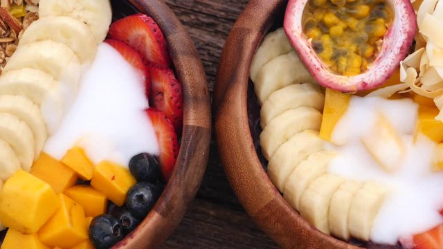 Vegan Breakfast Concept. Smoothie Bowl With Strawberry, Banana, Passion Fruit And Coconut.