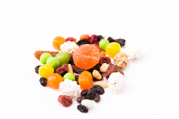 A variety of nuts. A variety of oriental sweets.