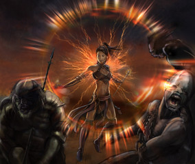 illustration fantasy of girl warrior in battle she kill the enemies whit magic light