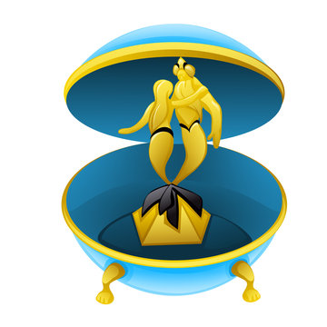 recommend clip art: Cartoon musical box with figures of a Triton and mermaid isolated on white background closeup. Vector illustration.