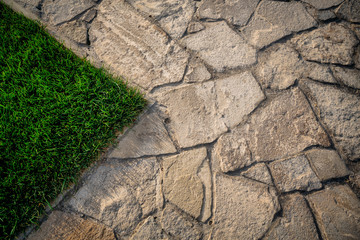 a fragment of a lawn on a stone pavement