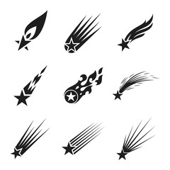 Shooting stars icons set. Comet tail or star trail vector illustration