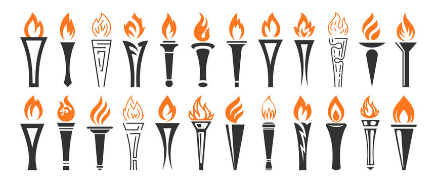 Torch and flame icons set. The symbol of victory, success or achievement. Vector illustration