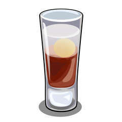 Glass bar cordial glass with cocktail with egg yolk isolated on white background close-up. Recipes of alcoholic drinks. Vector illustration.
