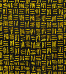Fototapeta premium Hand painted watercolor seamless repeat gold glitter crosshatch basket weave pattern on a charcoal chalkboard background.
