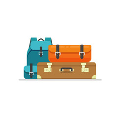 Luggage isolated vector illustration, flat cartoon travel suitcase, bag or handbag and backpack baggage ready for trip