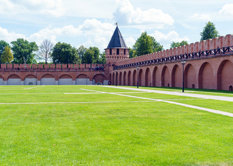 Fototapeta na wymiar Walls and towers of red brick of the 16th century Kremlin in Tula, Russia